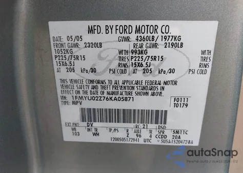 2006 Ford Escape Xls из США, поврежденный, VIN 1FMYU02Z76KA05871